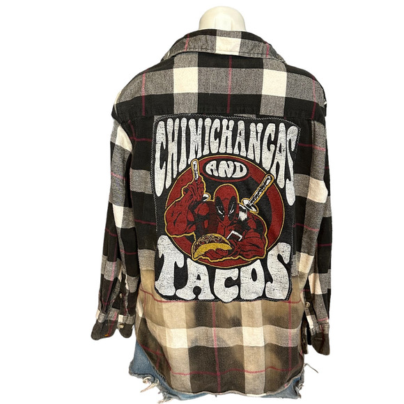 Deadpool Tacos Plaid Flannel Shirt XL Oversize Shacket Upcycle Unique Marvel - Picture 3 of 7